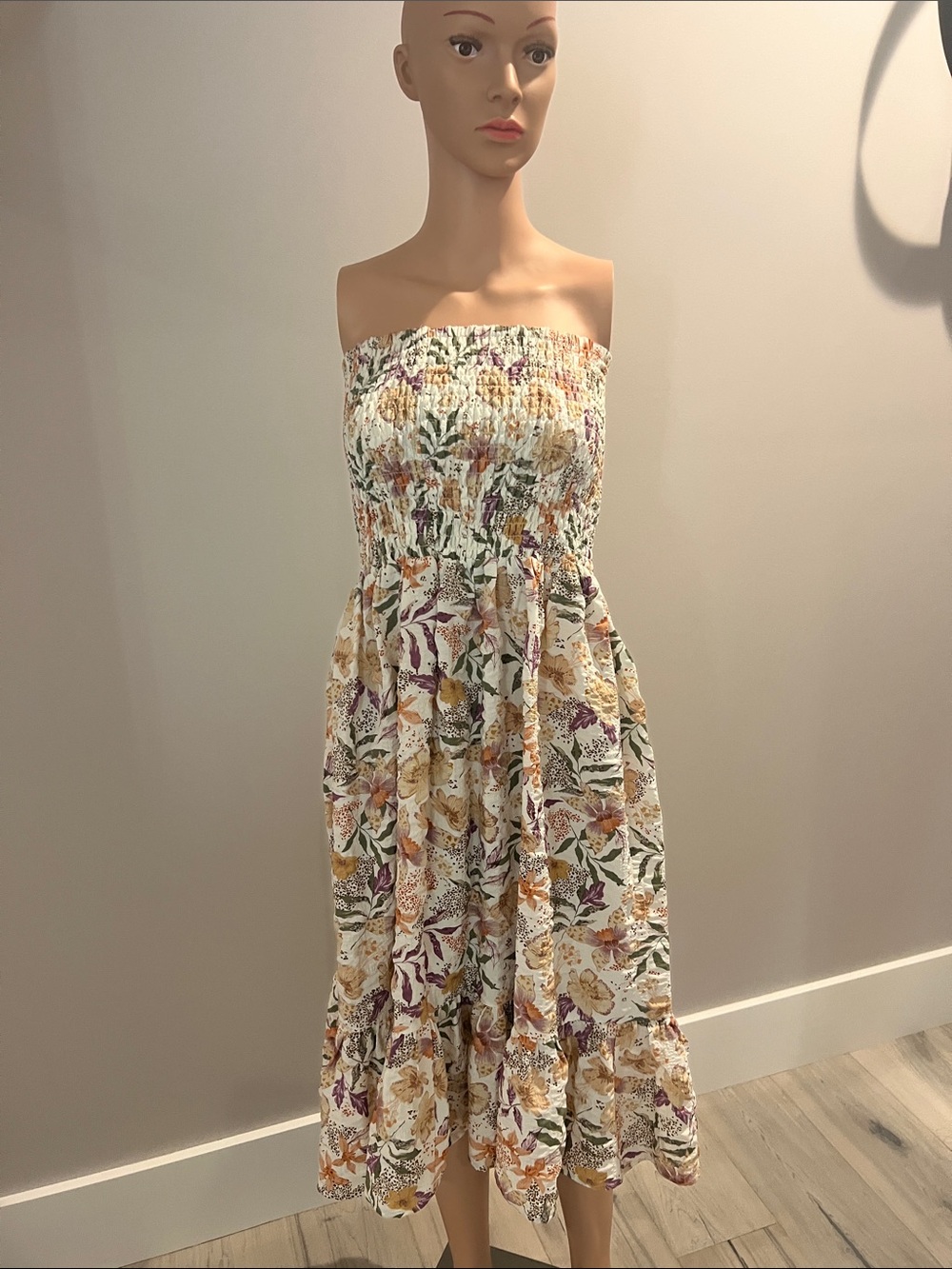 Love Stitch Cream Strapless Floral Midi Dress with Yellow and Purple Accents